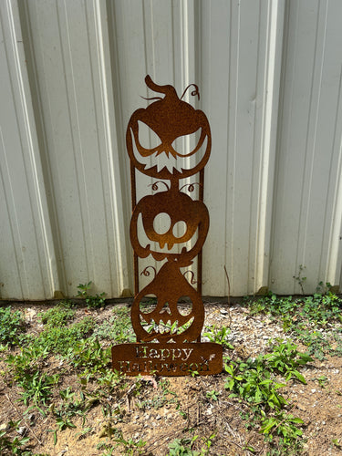 3 Stacked Evil Pumpkins- Halloween Metal Yard Stake